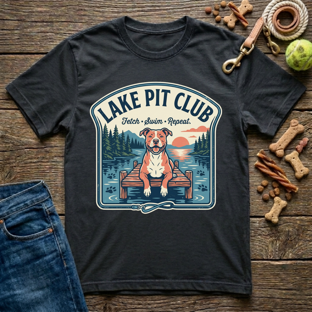 Lake Pit Club Fetch Swim Repeat Pitbull graphic tee in black — Paws & Reflect