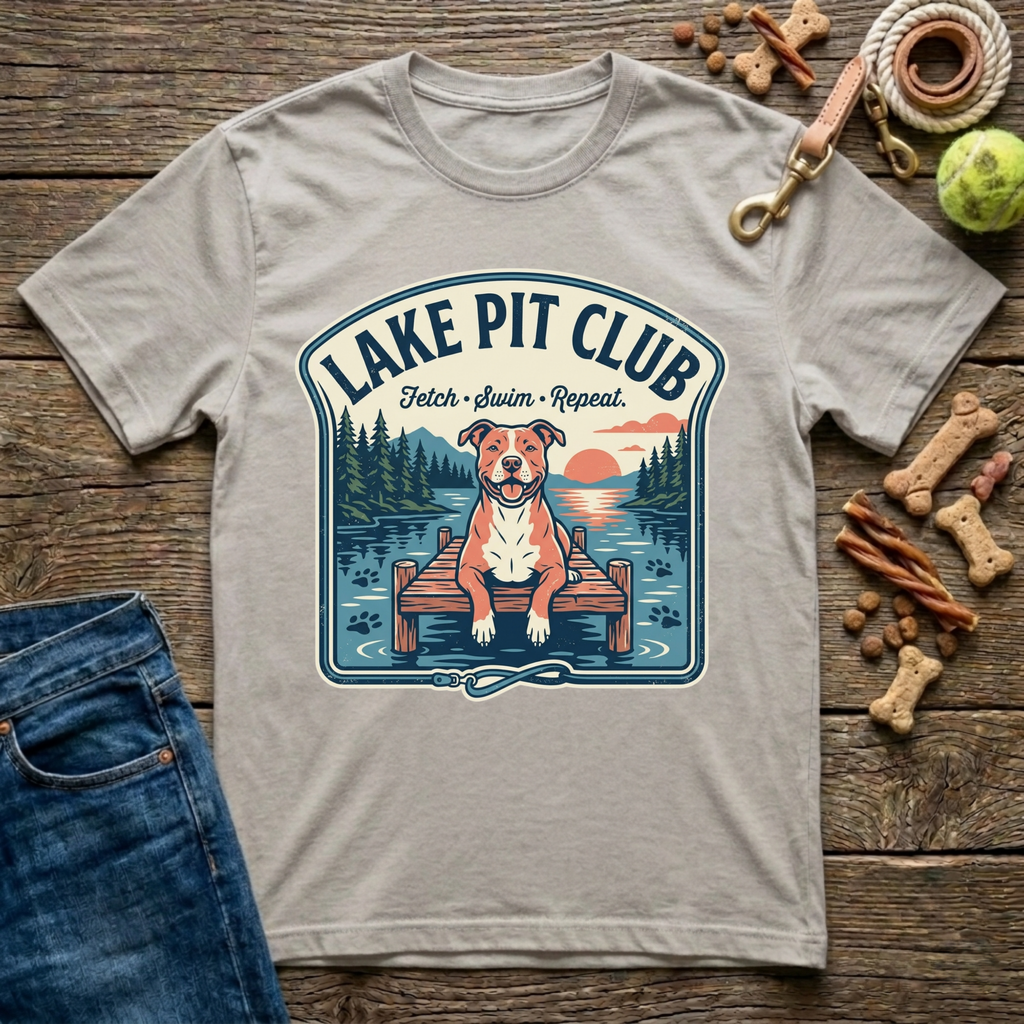 Lake Pit Club Fetch Swim Repeat Pitbull graphic tee in ice grey — Paws & Reflect