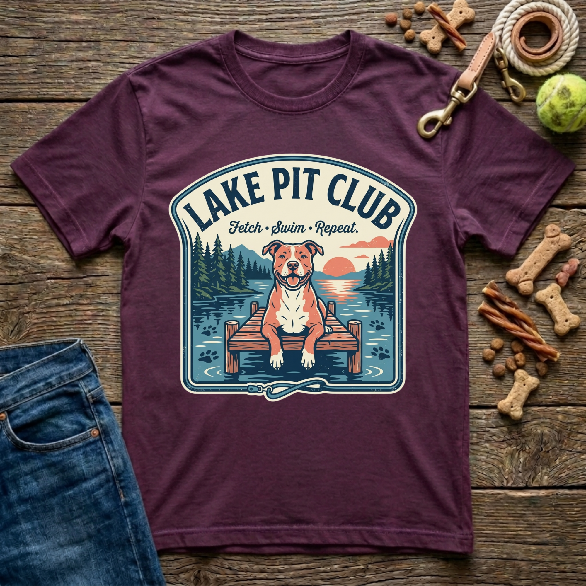 Lake Pit Club Fetch Swim Repeat Pitbull graphic tee in maroon — Paws & Reflect