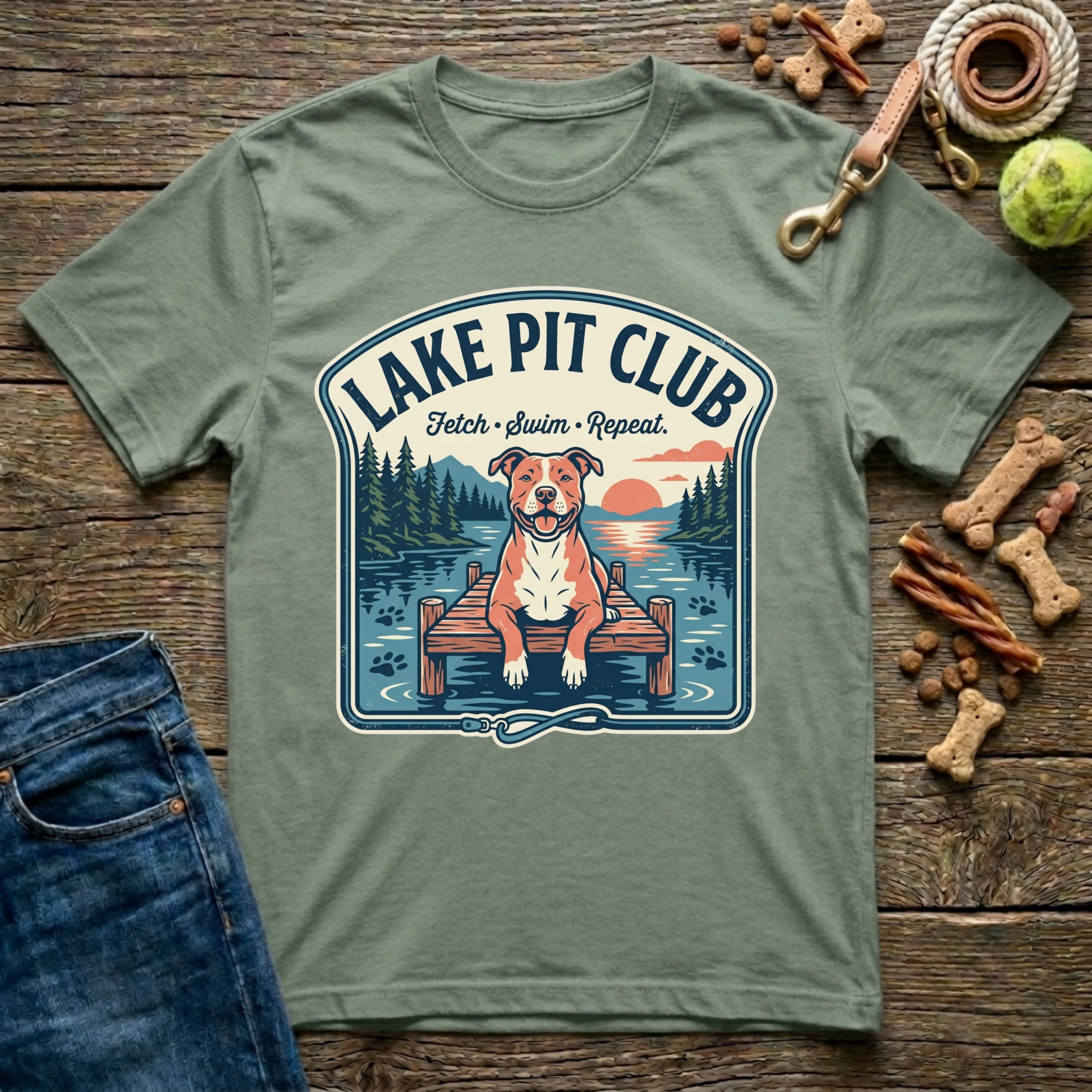 Lake Pit Club Fetch Swim Repeat Pitbull graphic tee in military green — Paws & Reflect