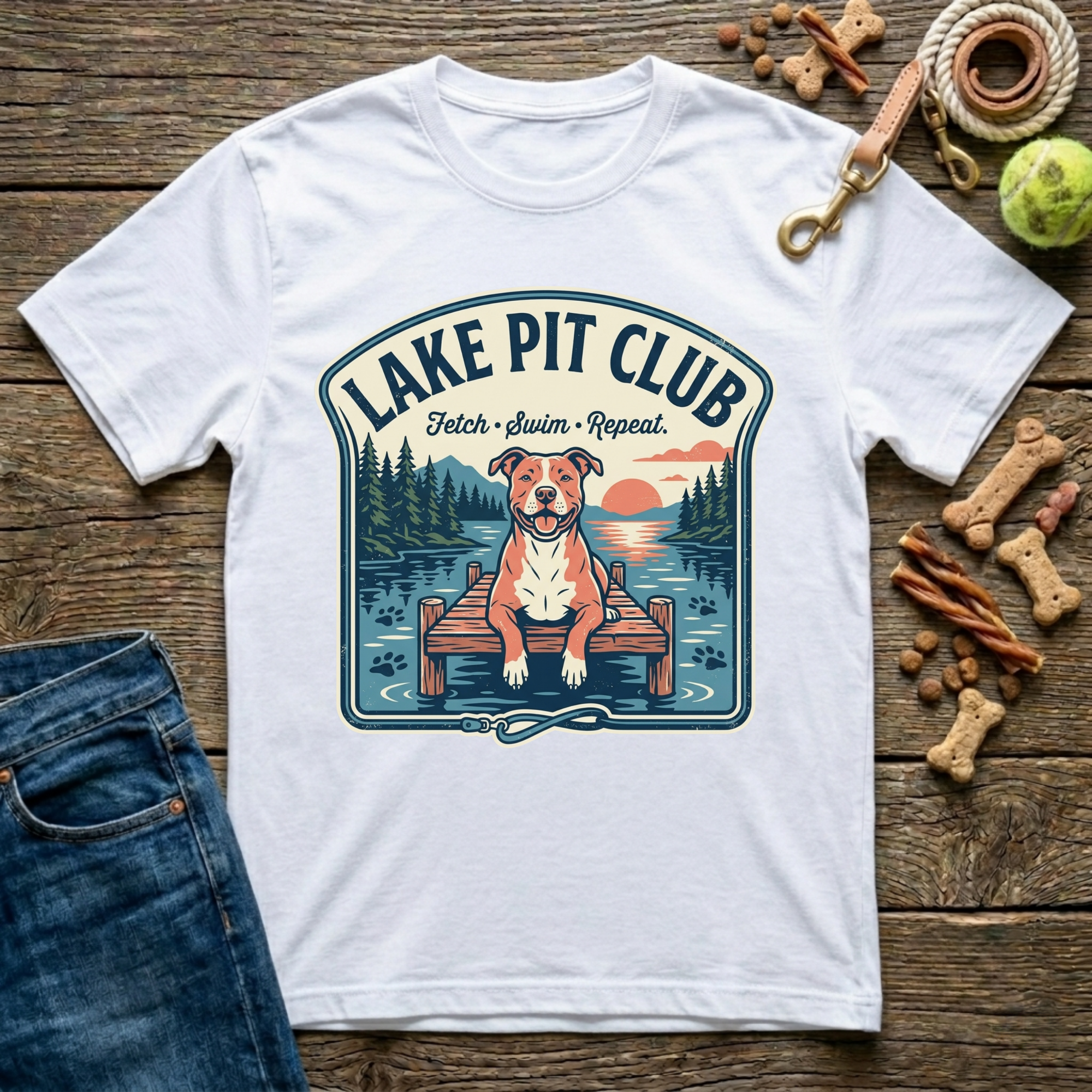 Lake Pit Club Fetch Swim Repeat Pitbull graphic tee in white — Paws & Reflect