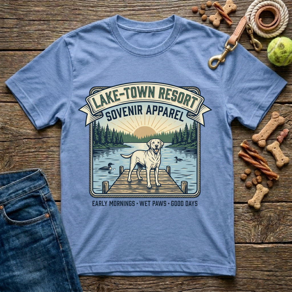 Lake Town Resort Souvenir Apparel Labrador graphic tee in light blue  — Paws & Reflect