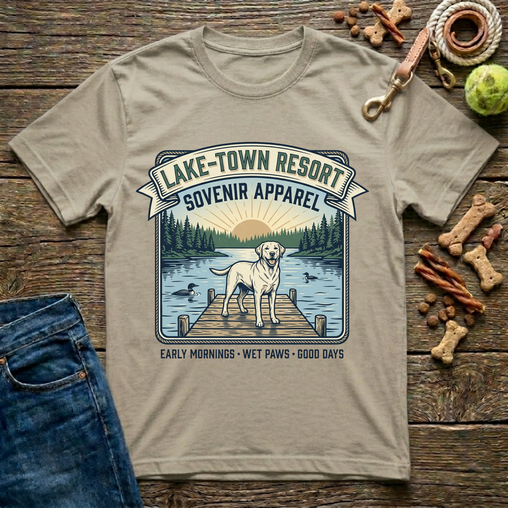 Lake Town Resort Souvenir Apparel Labrador graphic tee in sand — Paws & Reflect