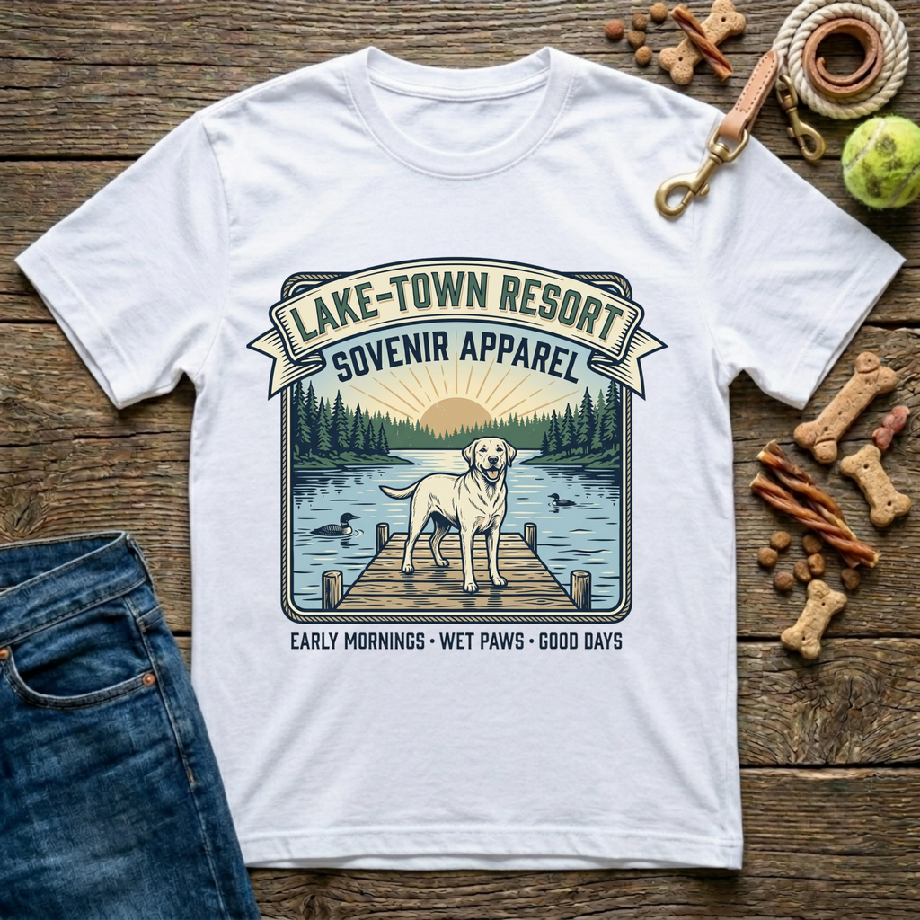 Lake Town Resort Souvenir Apparel Labrador graphic tee in white — Paws & Reflect