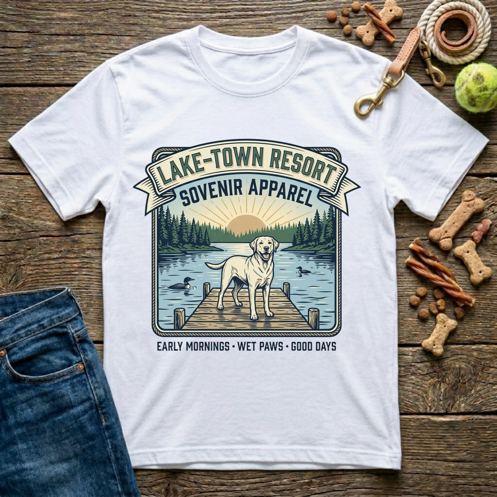 Lake Town Resort Souvenir Apparel Labrador graphic tee in white — Paws & Reflect