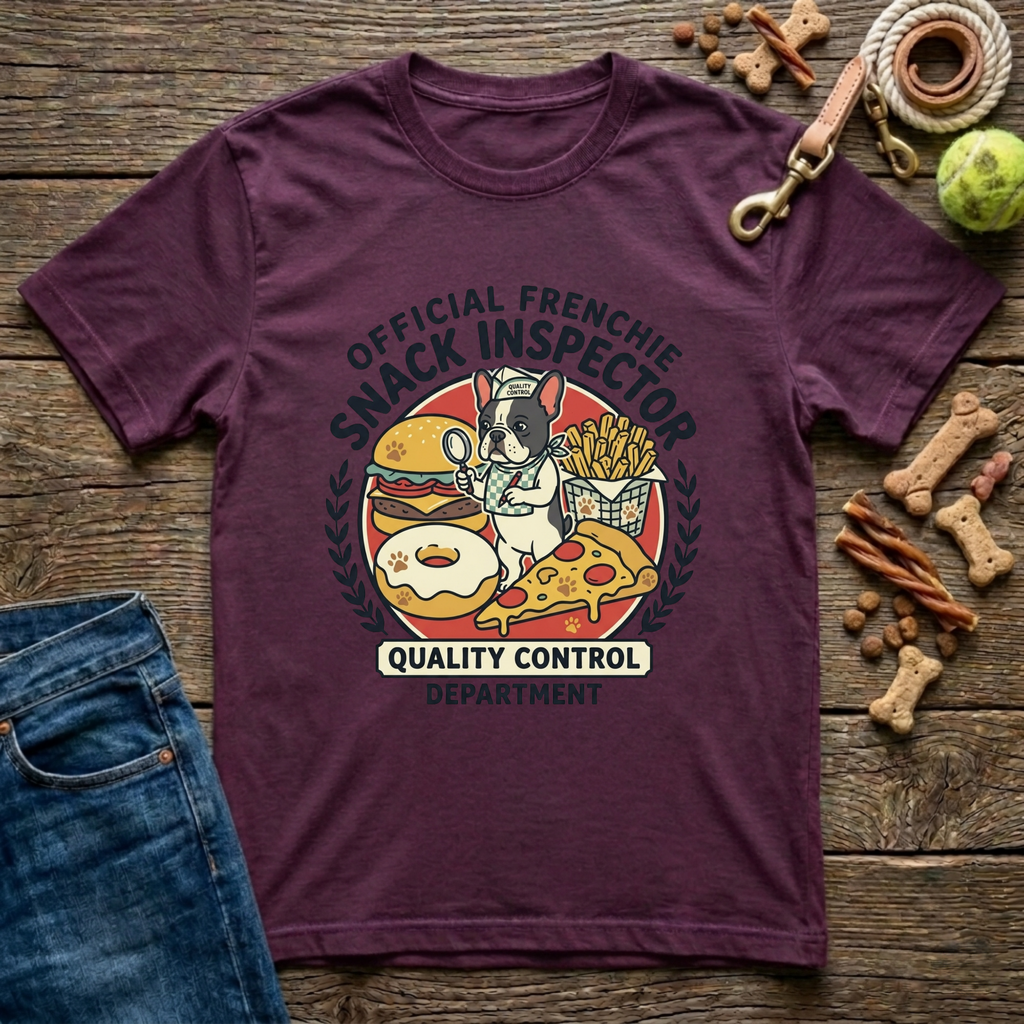Official Frenchie Snack Inspector Quality Control Department graphic tee in maroon — Paws & Reflect