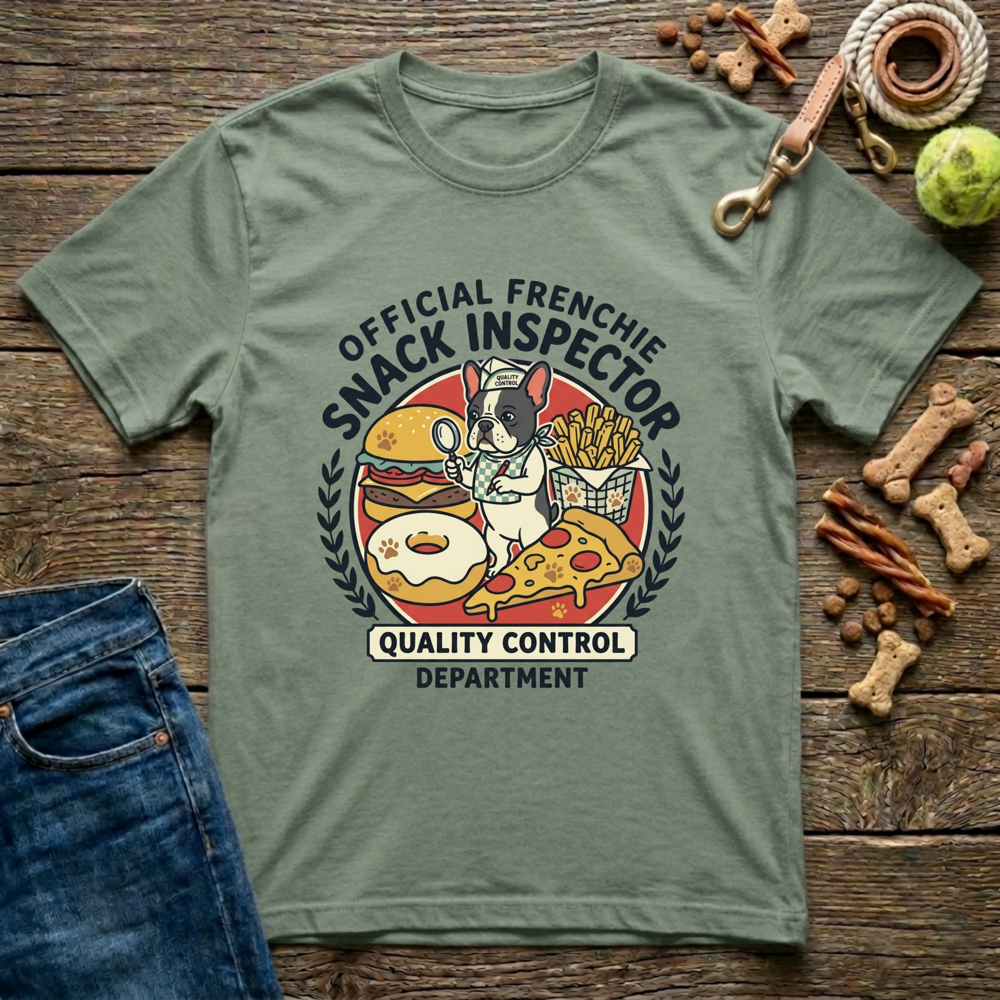 Official Frenchie Snack Inspector Quality Control Department graphic tee in military green — Paws & Reflect