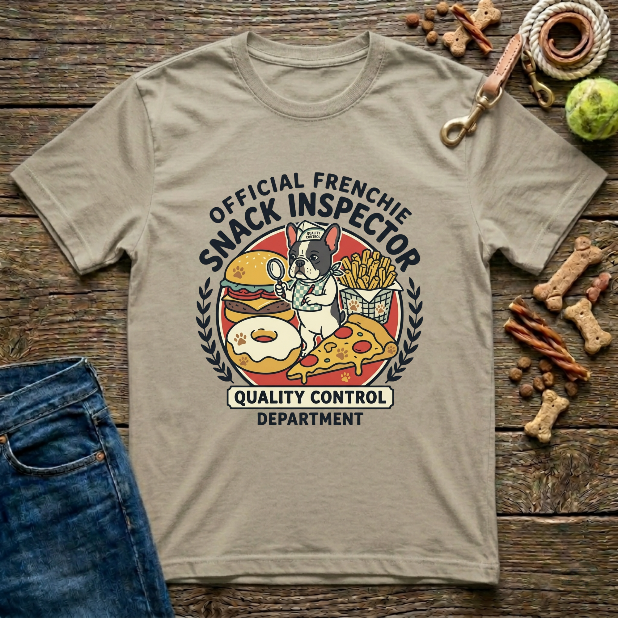Official Frenchie Snack Inspector Quality Control Department graphic tee in sand — Paws & Reflect