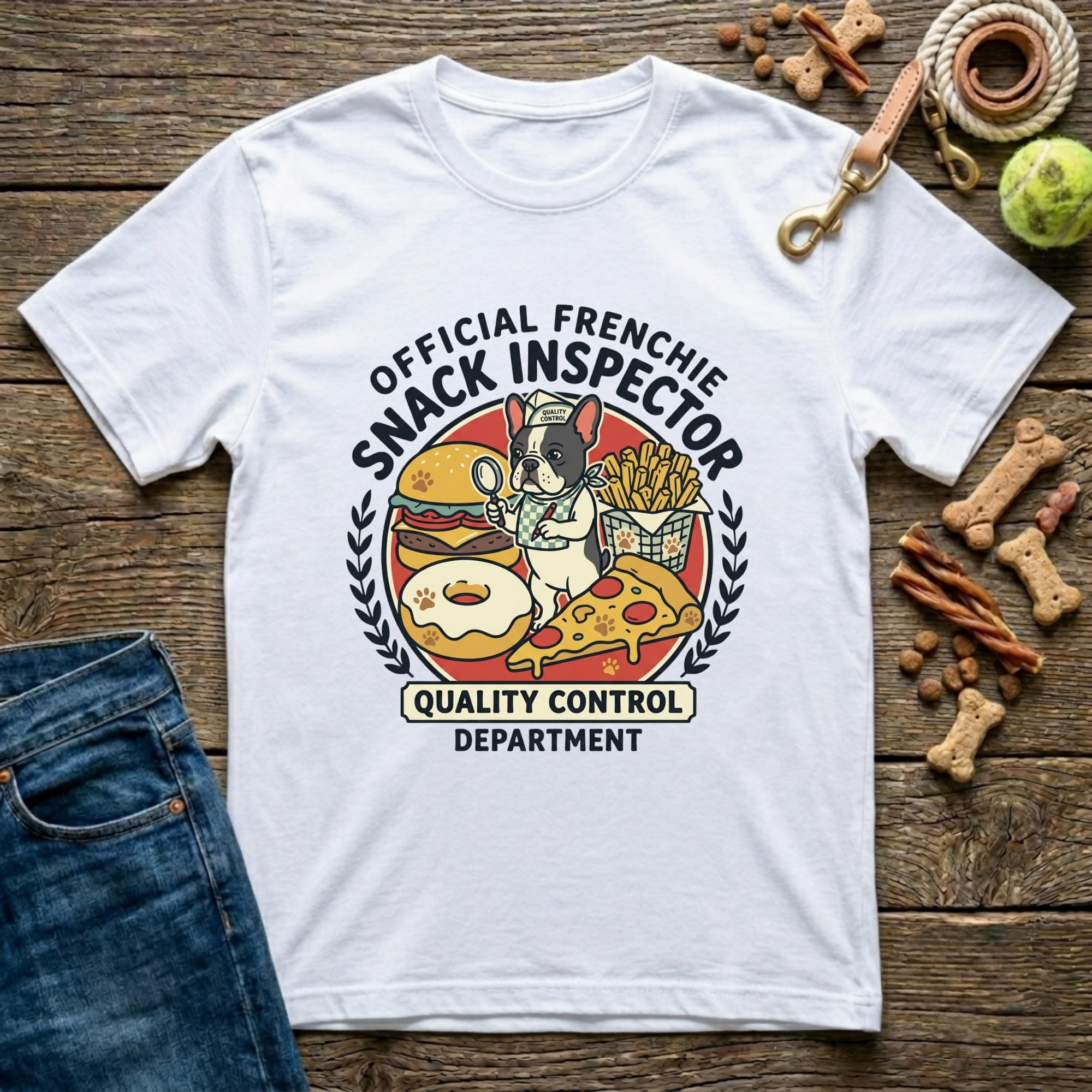 Official Frenchie Snack Inspector Quality Control Department graphic tee in white — Paws & Reflect