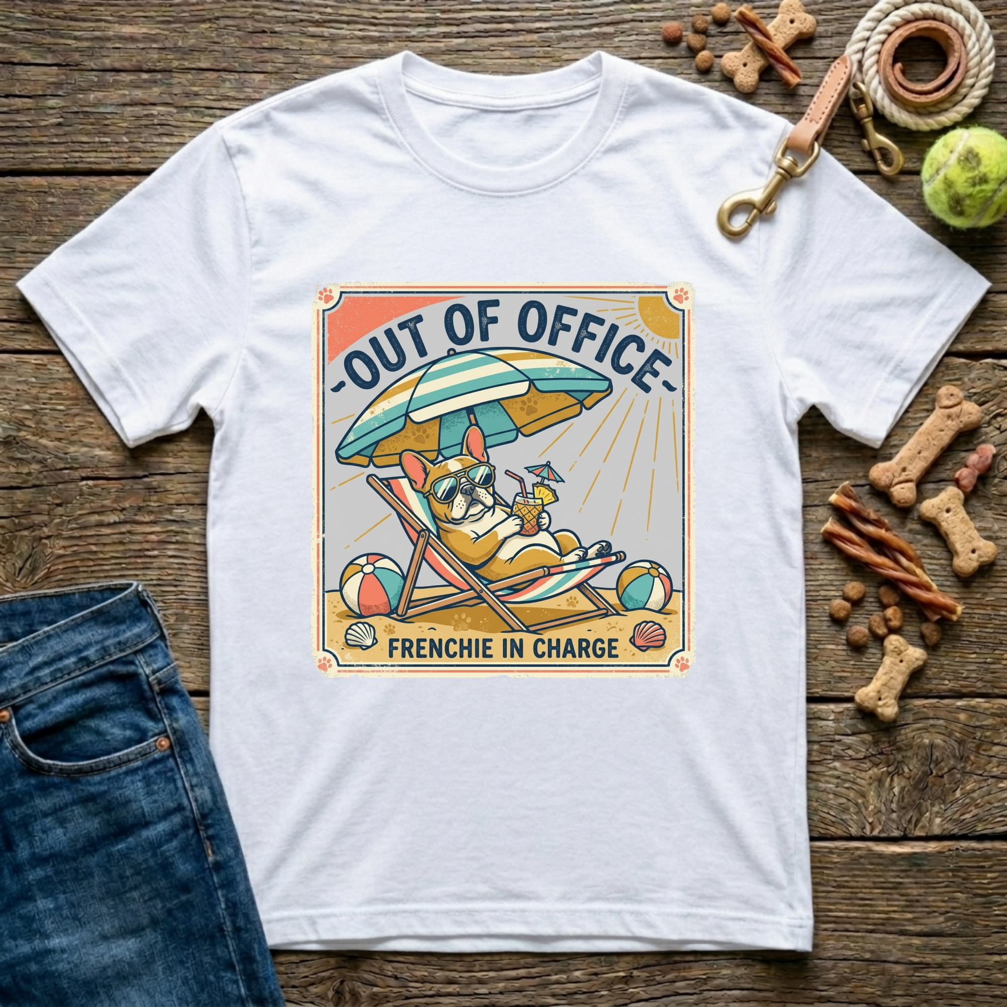 Out of Office Frenchie in Charge French Bulldog graphic tee in white — Paws & Reflect