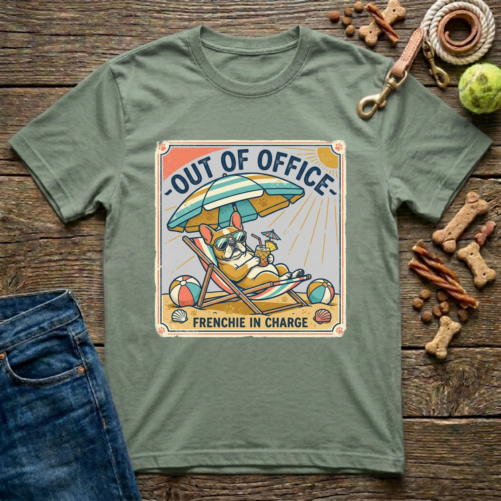 Out of Office Frenchie in Charge French Bulldog graphic tee in military green — Paws & Reflect