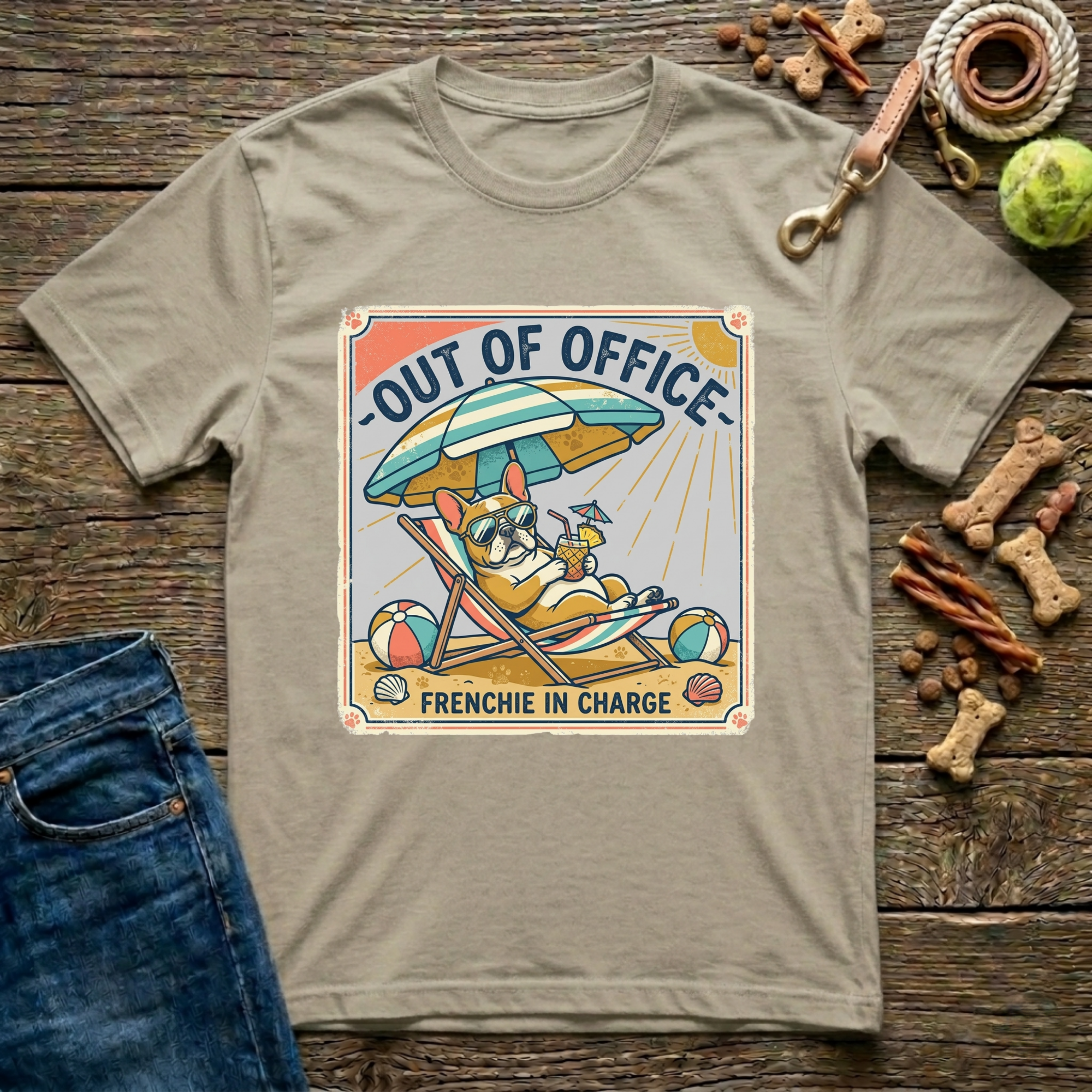 Out of Office Frenchie in Charge French Bulldog graphic tee in sand — Paws & Reflect
