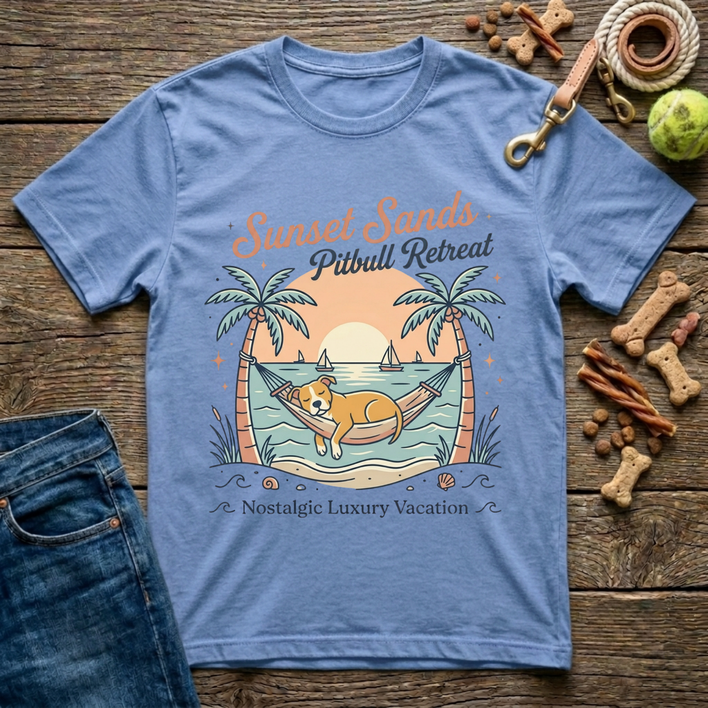 Sunset Sands Pitbull Retreat graphic tee in light blue — Paws & Reflect