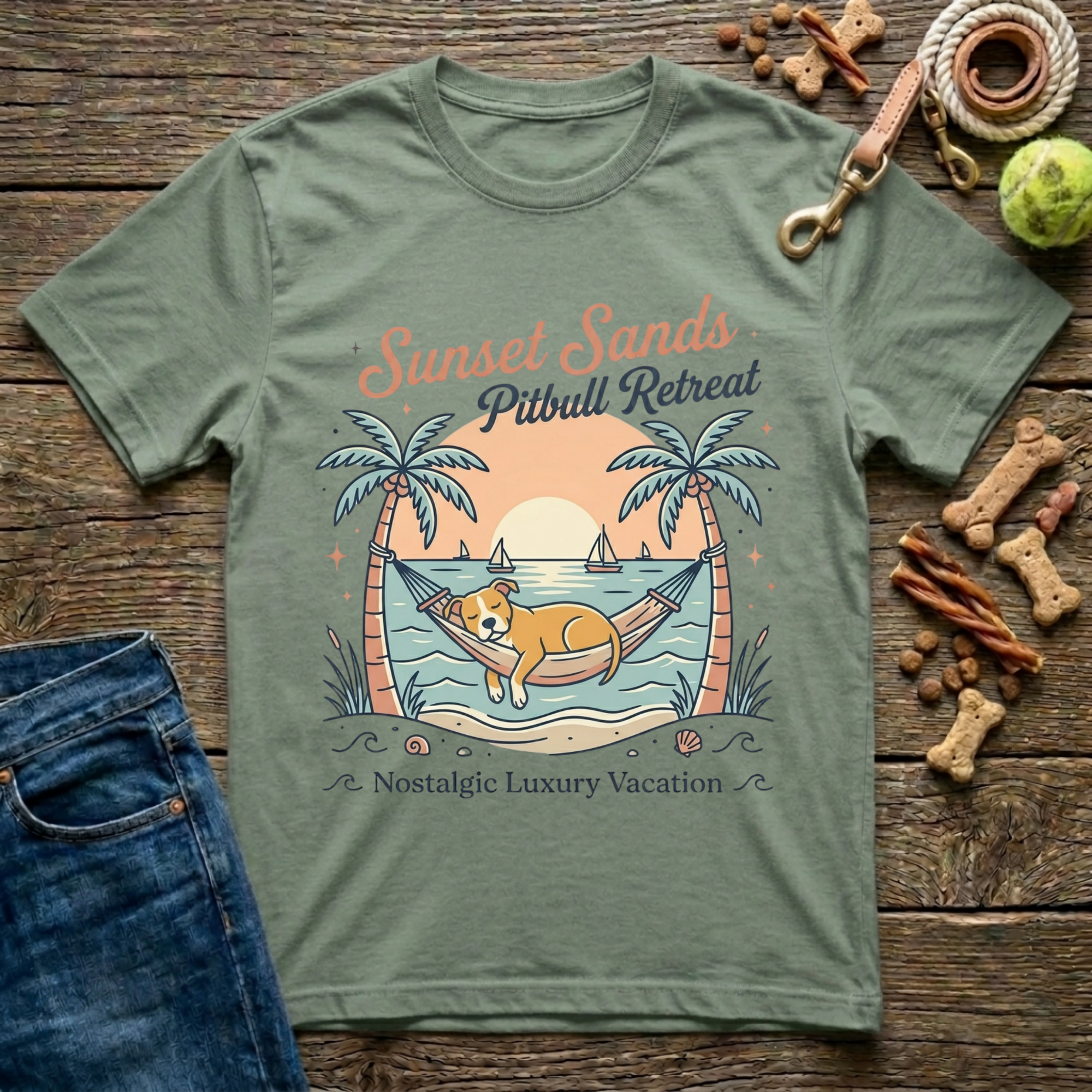 Sunset Sands Pitbull Retreat graphic tee in military green — Paws & Reflect