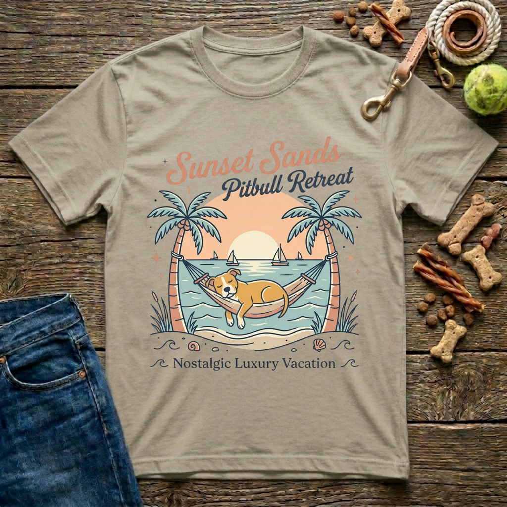 Sunset Sands Pitbull Retreat graphic tee in sand — Paws & Reflect
